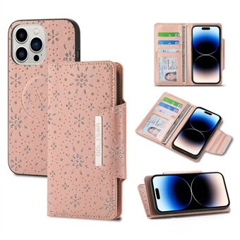 IPhone 14 Pro Glitter Flower Design irrotettava puhelimen lompakkokotelo PU nahka + TPU iskunkestävä kansi