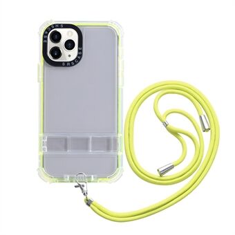 Piilotettu kickstand-puhelinkotelo iPhone 14 Pro, TPU-kehys läpinäkyvä PC-takakansi kaulanauhalla