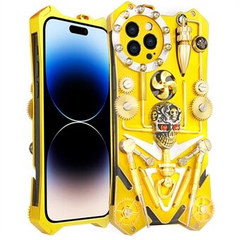 Panssarimetallinen puhelinkuori iPhone 14 Pro , Mechanical Gear Käsintehty Skull Pudotuksenkestävä puhelinkotelo - kulta