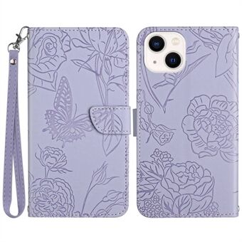 Painatus Butterfly Flowers -puhelimen suojakuori iPhone 14 Plus -puhelimelle, 6,7 tuumaa, PU-nahkainen Stand Lompakon suojakotelo kätevällä hihnalla
