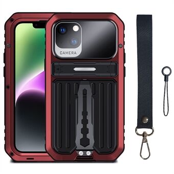 IPhone 14 Plus putoamattomalle puhelinkotelolle Kickstand Scratch TPU+metallinen puhelimen suojakuori, jossa karkaistu lasikalvo ja hihna