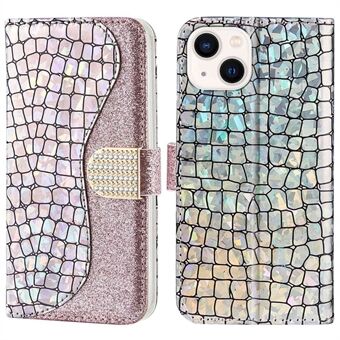 IPhone 14 Plus -puhelimelle Sparkly Glitter Splicing Stand Putoamista estävä kansi Crocodile Texture Scratch PU-nahkainen lompakon kuori