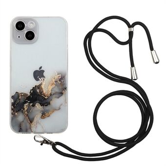 Puhelinkuori iPhone 14 Plus-puhelimelle, marmorikuvioinen putoamisen estävä kohokuvioitu TPU-suoja kaulanauhalla