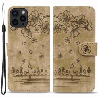 IPhone 14 Plus Stand Lompakko Nahka Kotelo Cherry Blossom Cat painettu magneettilukko puhelimen kansi hihnalla