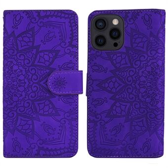 IPhone 14 Plus Imprint Flower -puhelimen suojakuorelle iskunkestävä lompakko Design Calf Texture -nahkasuoja Stand