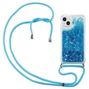 IPhone 14 Plus :lle Clear Quicksand Glitter Flowing Liquid Case Pehmeä TPU-kulmat Tyynyselkäsuoja pitkällä kaulanauhalla