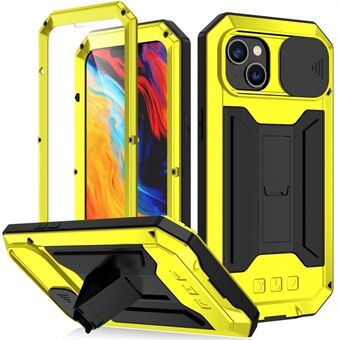 R-JUST iPhone 14 Plus Slide Kameran Kansi Kickstand Design Puhelinkotelo Silikoni + Metalli + Karkaistu lasi näytön kalvo Suojakuori