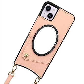 IPhone 14 Plus Fish Tail Design PU-nahapäällysteinen TPU-puhelimen kotelo Peili-toimintokorttikotelon suojus olkahihnalla