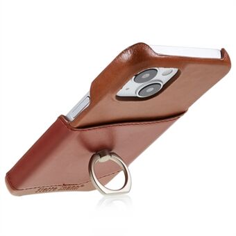 FIERRE SHANN iPhone 14 Plus Ring Kickstand Suojakuorelle Aitoa nahkaa + PU-nahkaa + PC-pudotusta estävä puhelimen takakuori korttipaikalla