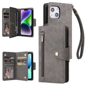 IPhone 14 Plus :lle vetoketjullinen tasku lompakko Puhelinkotelo niitti koristeellinen PU-nahkainen Stand Useita korttipaikkoja Käännettävä kansi hihnalla
