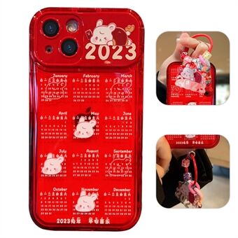 IPhone 14 Plus Red Calendar TPU -puhelinkotelolle, jossa on käännettävä peili ja ketjua suojaava puhelimen kansi