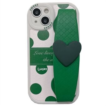 IPhone 14 Plus -puhelimelle iskunkestävä vihreä pistekuvio PU-nahapäällysteinen TPU-puhelimen takakuori, jossa Love Heart -ranneke