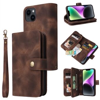 Vetoketjullinen tasku, monitoiminen puhelimen suojus iPhone 14 Plus PU -nahkaiselle Stand ja hihnat