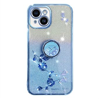 IPhone 14 Plus Glitter Flower Pattern -matkapuhelinkotelolle, jossa on Ring TPU-suoja