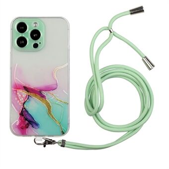 Marmorikuvioinen kotelo iPhone 14 Pro Max 6,7 tuumalle, kohokuvioitu pudotuksenkestävä TPU-matkapuhelimen suojus kaulanauhalla