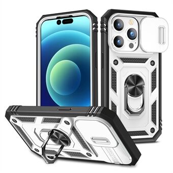 IPhone 14 Pro Max 6,7 tuuman Phone Shell PC+TPU:lle liukuva kameran linssin suojussuunnittelukotelo, jossa on tukijalusta / korttipaikka