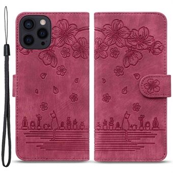 IPhone 14 Pro Max 6,7 tuuman Cherry Blossom Cat painettu puhelinkotelo Nahkainen Stand kansi hihnalla