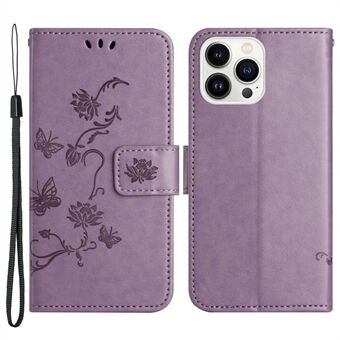 IPhone 14 Pro Max 6,7 tuuman Iskunkestävä Butterfly Flower -kuvioinen puhelinkotelo PU-nahkainen Stand Lompakon puhelimen suojus hihnalla