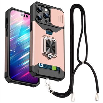 IPhone 14 Pro Max Kickstand Phone Shell Card Slot -kameran suojus PC+TPU-matkapuhelinkotelo hihnalla