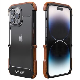 R-JUST Iskunkestävä puskurikotelo iPhone 14 Pro Max -puhelimelle puu + alumiiniseosrunko puhelimen suojakuori putoamiselta suojaava puhelinkotelo