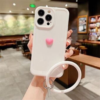 IPhone 14 Pro Max:lle Söpö 3D Love Heart Decor -puhelinkotelo Pehmeä TPU Scratch Ring silikonirengashihnalla