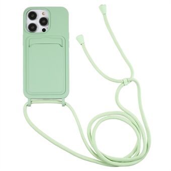Iskunkestävä kotelo iPhone 14 Pro Max -puhelimelle, nestemäinen silikonikuori, pudotuksen estävä puhelinkotelo korttipaikalla, hihnalla