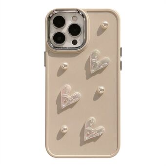 IPhone 14 Pro Max 3D Heart Pearl Decor TPU -kuoren pudotuksenkestävälle puhelimen takakuorelle - Maidonvalkoinen