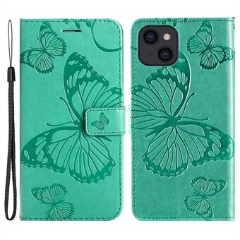 KT Imprinting Flower -sarja 2 iPhone 15 -perhosjälkikuviolla varustettu nahkainen puhelinkotelo lompakkotelineellä.