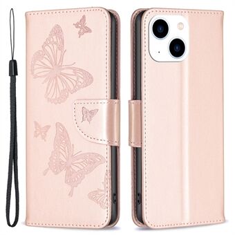 iPhone 15 taittuva teline lompakko-puhelimen kääntösuojus perhonen painatus nahkakannella ja hihnalla