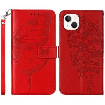 YB Imprinting -sarja 4:iPhone 15:lle PU-nahkasta valmistettu seisontatelineellä varustettu puhelinkotelo, jossa on perhos- ja kukkakuvioitu kansi ja kädensija.