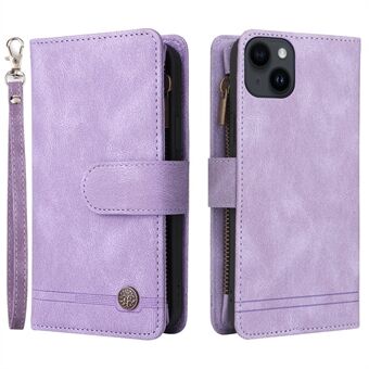 Ihonkosketuspuhelin-kuori iPhone 15: lle vetoketjullisella taskulla, painetulla lompakolla, seisontatuella ja useilla korttipaikoilla keinonahkisella kannella.