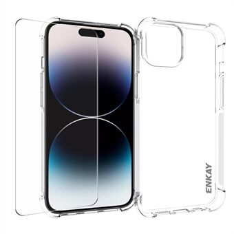 ENKAY HAT PRINCE iPhone 15 Puhelimen suojakuori TPU-materiaalista valmistettu läpinäkyvä kuori korkealla alumiini-puolijohde lasisella näytönsuojakalvolla