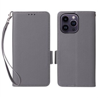 Litsi-tekstuurinen PU-nahkainen lompakkokotelo iPhone 15: lle, täysin suojaava puhelinkansi telineellä ja remmillä.