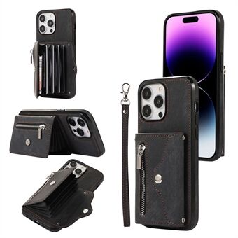 iPhone 15 -vetoketjullinen taskutelinepuhelinlaukku PU-nahkaa+TPU-materiaalia RFID-estävällä lompakkokannella ja ranneliinalla
