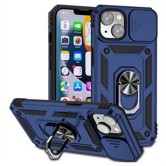 Puhelinkotelo iPhone 15:lle Slide-kameran suoja Metallirengasjalkateline Naarmuja estävä PC + TPU-suojakuori