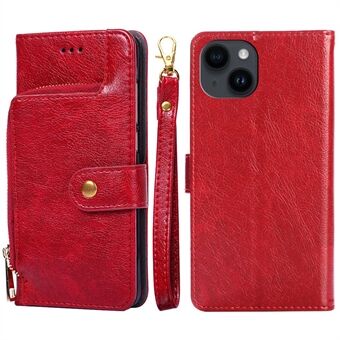 PU-nahkainen lompakko- ja puhelinkotelo iPhone 15:lle, seisomatuki, vetoketjutasku ja remmi