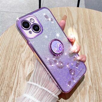 iPhone 15 -puhelimelle Ring Kickstand -liukutelineellä varustettu Gradient Glitter TPU -suojakuori, jossa Kukka -kuvio ja iskunkestävä puhelinkotelo
