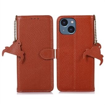 Puhelinkotelo iPhone 15 Plussalle, RFID-estolla ja litchin tekstuurilla varustettu aidosta lehmännahasta valmistettu lompakkokansi.