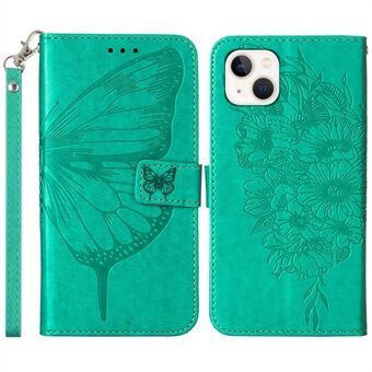 YB Imprinting Series-4 For iPhone 15 Plus -lompakkokotelo perhonen kukkakuviolla, PU-nahkaa sisältävä seisomakotelo puhelimelle käsivarsinauhalla