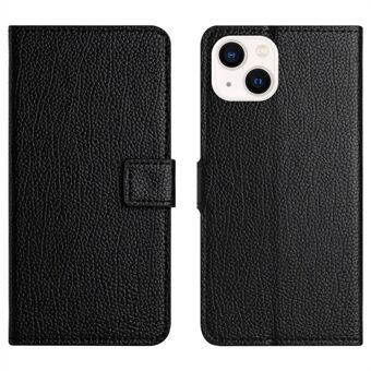 Litchi-pintaista puhelimen lompakkokotelo iPhone 15 Plussalle, PU-nahkainen täydellisen suojan tarjoava telinekansi - Musta