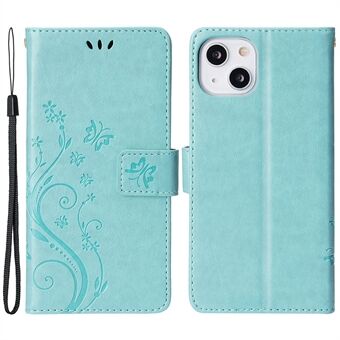 iPhone 15 Plus PU-nahkainen lompakkokotelo matkapuhelinkotelo, jossa on painettuja perhosia ja standi hihnalla.