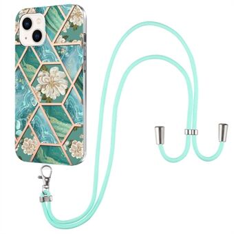YB IMD -sarja 4 iPhone 15 Plus TPU -kotelo IMD-marmori kukkakuvioelektrolysoitu puhelimen kansi nauhalla