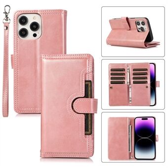 iPhone 15 Plus jakkara nahkakotelo, jossa on useita korttipaikkoja ja lompakkotasku, puhelimen kansi remmillä.