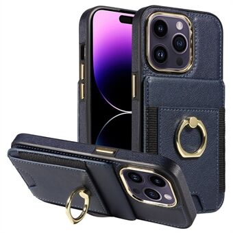 iPhone 15 Plus -puinen nahka+TPU-runko, jossa on jalusta, korttipaikat sekä RFID-esto -puhelin kotelo