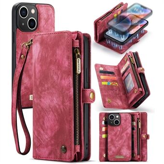 CASEME 008 -sarja iPhone 15 Plus -laitteelle, jossa vetoketjullinen tasku, irrotettava nahkakansi lompakkoständillä puhelin kuori