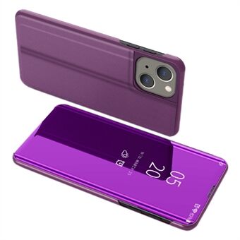 iPhone 15 Plus -näkymäikkunalla varustettu peilipintainen puhelinkotelo, jossa on elektrolyyttipinnoitettu naarmuuntumaton nahkapäällyste.
