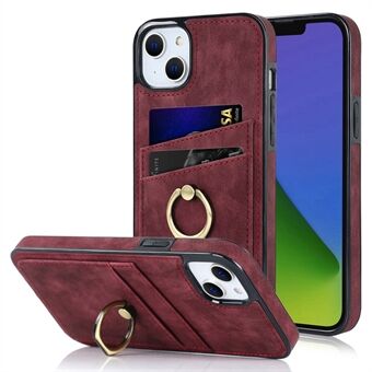 iPhone 15 Plus Ring Kickstand -puhelinlaukku Retro PU-nahkakäsittelyllä, TPU-materiaali sisällä, korttitasku puhelimen kannella.