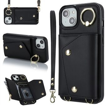 iPhone 15 Plus PU-nahalla päällystetty TPU-kotelo vetoketjullisella lompakkotaskulla, rengastuella ja 2 hihnalla.