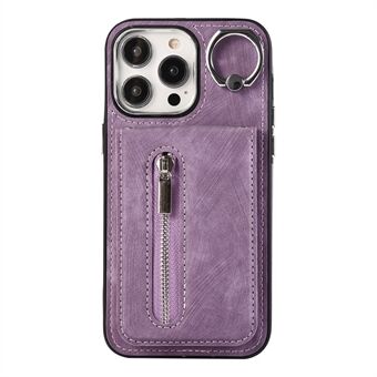 Kickstand Zipper Pocket -puuhkala puhelinkotelo iPhone 15 Plussalle, PU-nahkalla päällystetty TPU-kansi kädensijalla