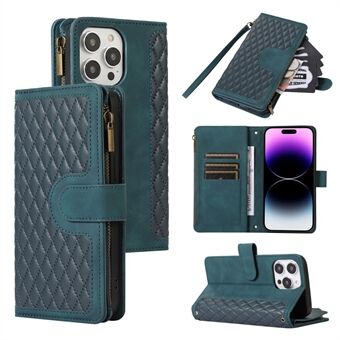 iPhone 15 Plus Flip Wallet Stand Case 9 Card Slots Zipper Pocket -puhelinkotelo rannekkeella ja olkahihnalla